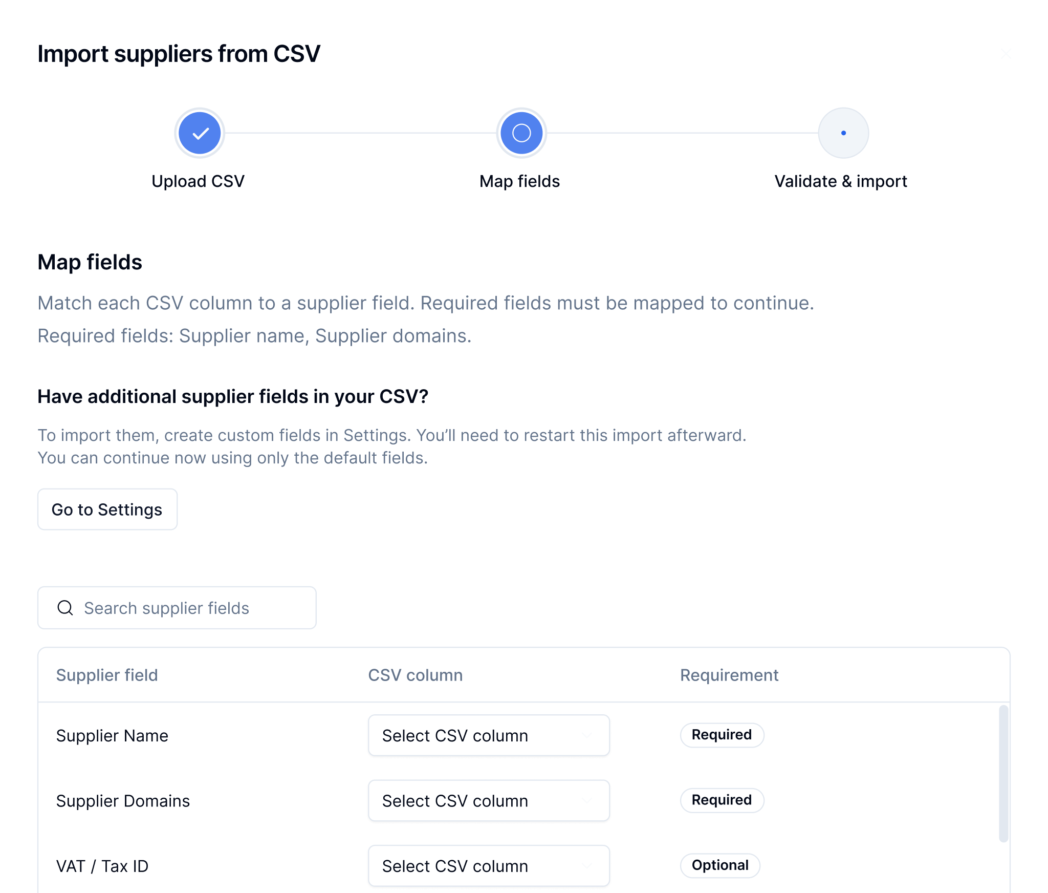Bulk supplier import — CSV upload, column mapping to system fields, and validation step